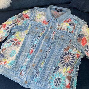 AZI NEW YORK Women's Jacket Denim Long Sleeve Floral Embroidered Raw Hem Large